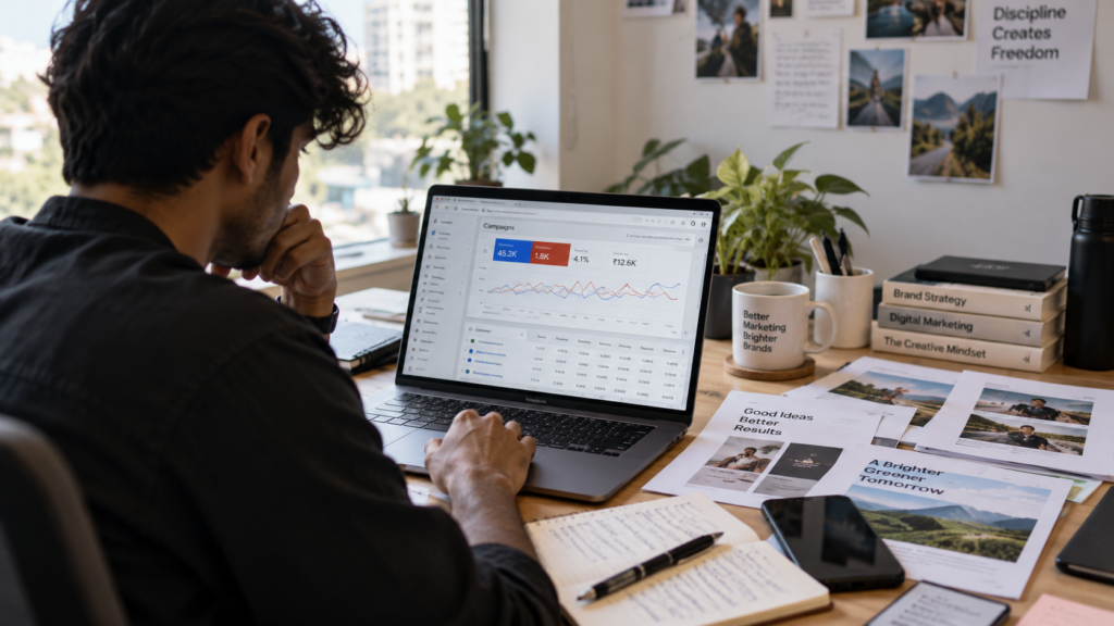 Digital marketer reviewing campaign analytics and creative materials at a workspace