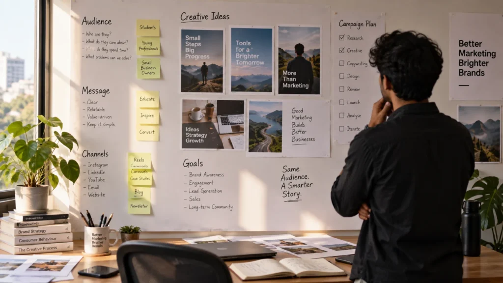 Digital marketer planning campaign strategy with audience, creative ideas, channels, and goal